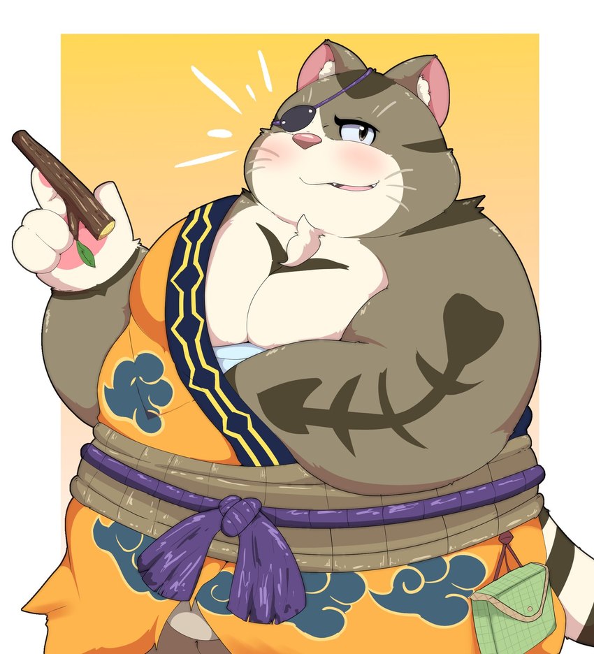 anthro belly blush eye_patch eyewear humanoid_hands kemono male overweight overweight_anthro overweight_male simple_background solo kusosensei capcom monster_hunter monster_hunter_stories orgo_(monster_hunter) felid felyne lynian mammal 2021 hi_res