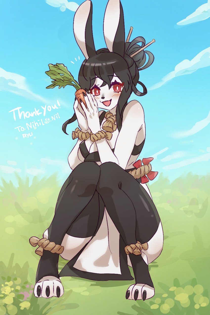 3_toes accessory anklet anthro arms_bent asian_clothing bangs bare_shoulders bent_legs biped black_clothing black_dress black_ears black_eyebrows black_hair black_legwear black_nails black_nose black_thigh_highs black_toe_claws black_topwear blush blush_lines bracelet breasts carrot claws cleavage clothed clothed_anthro clothed_female clothing cloud colored_nails dress ears_up east_asian_clothing exclamation_point eyebrow_through_hair eyebrows eyelashes feet female female_anthro fingers fingers_spread food front_view glistening glistening_clothing glistening_food glistening_hair glistening_legwear glistening_shoulder glistening_thigh_highs glistening_vegetable grass hair hair_accessory hair_bun hair_sticks holding_carrot holding_food holding_object holding_vegetable japanese_clothing jewelry legwear light_arms light_body light_bottomwear light_breasts light_clothing light_face light_feet light_fingers light_hands light_head light_inner_ear light_neck light_pupils light_toes light_topwear long_bangs long_ears long_hair looking_at_viewer monotone_accessory monotone_arms monotone_breasts monotone_clothing monotone_hair monotone_hair_accessory monotone_hands monotone_inner_ear monotone_legwear monotone_neck monotone_text monotone_thigh_highs monotone_toe_claws multicolored_clothing multicolored_dress multicolored_topwear nails necklace obijime open_hands open_mouth open_smile outside pelvic_curtain plant pupils raised_eyebrows red_eyes rope_necklace sitting sitting_on_ground sky sleeveless sleeveless_clothing sleeveless_dress sleeveless_topwear slit_dress smile smiling_at_viewer solo split_dress stirrup_legwear surprise tan_anklet tan_bracelet tan_jewelry tan_necklace text thigh_highs thin_eyebrows toe_claws toes topwear translucent translucent_hair two_tone_clothing two_tone_dress two_tone_topwear vegetable white_arms white_body white_breasts white_clothing white_dress white_face white_feet white_fingers white_hands white_head white_inner_ear white_neck white_pupils white_text white_toes white_topwear garyu410 circe_ciri lagomorph leporid mammal rabbit 2023 2:3 alternate_version_at_source commissioner_name english_text full-length_portrait hi_res japanese_description portrait signature unavailable_at_source