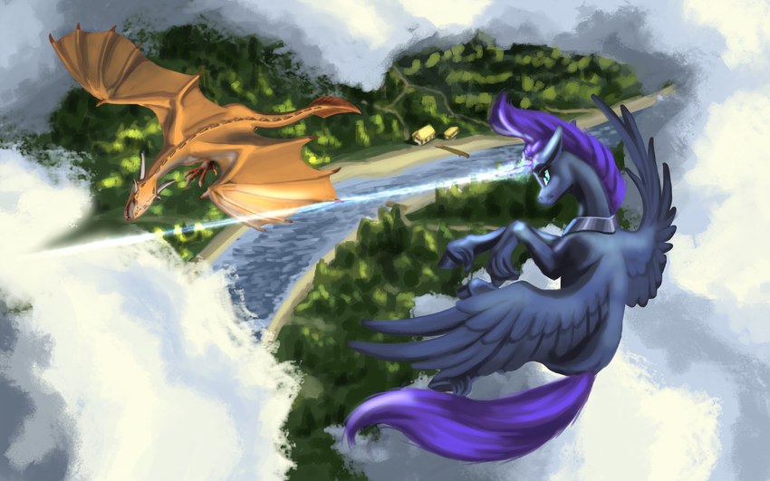 dogfight female feral flying horn magic shooting sky tail wings kirillk european_mythology hasbro my_little_pony mythology nyx_(mlp) dragon equid equine horse mammal mythological_creature mythological_equine mythological_scalie pony scalie western_dragon winged_unicorn wyvern 16:10 absurd_res hi_res widescreen