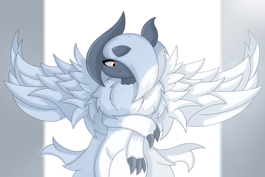 3_fingers ambiguous_gender anthro claws fingers fluffy fur grey_body hair looking_at_viewer red_eyes semi-anthro simple_background solo white_body white_fur white_hair wings rael nintendo pokemon generation_6_pokemon mega_absol mega_evolution pokemon_(species) 3:2 hi_res