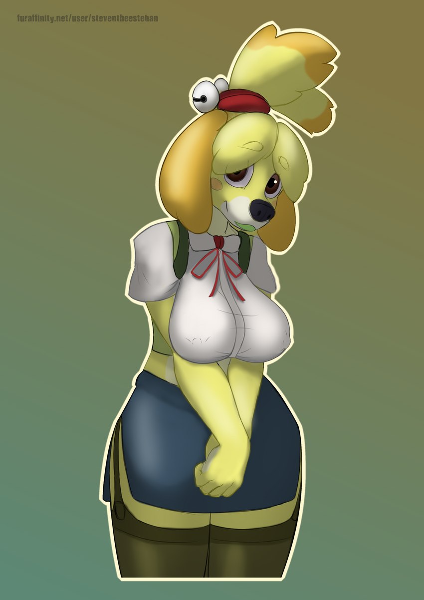 anthro big_breasts black_nose blouse bottomwear breasts brown_eyes clothing exposure_variation female female_anthro fur green_lipstick legwear lipstick makeup nipple_outline secretary skirt smile solo stockings topwear yellow_body yellow_fur bluemagicsteban animal_crossing nintendo isabelle_(animal_crossing) canid canine canis domestic_dog mammal shih_tzu toy_dog hi_res