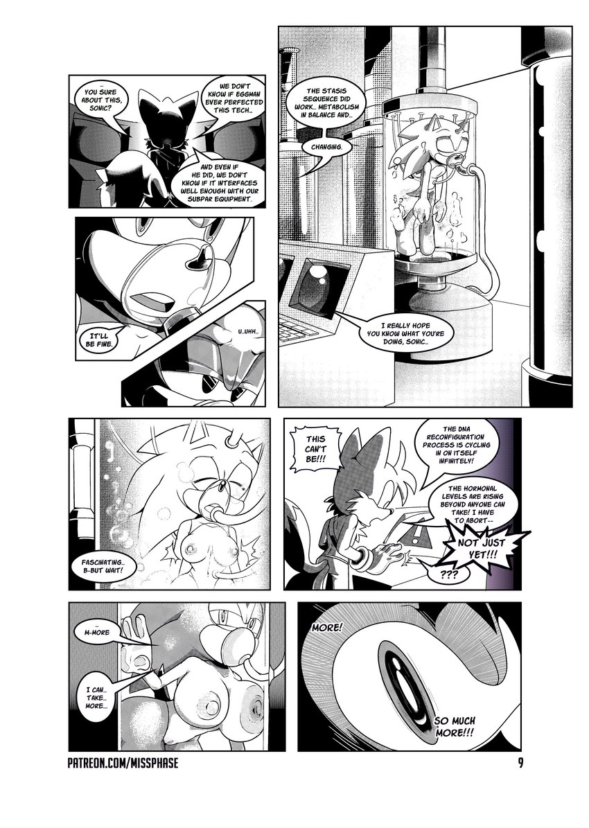 against_surface anthro big_breasts breasts breasts_on_glass dialogue duo female gender_transformation genitals male mtf_transformation nipples nude on_glass pussy text transformation missphase sega sonic_the_hedgehog_(series) miles_prower sonic_the_hedgehog canid canine eulipotyphlan fox hedgehog mammal absurd_res comic english_text hi_res monochrome url