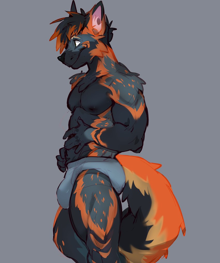 anthro black_body black_fur bulge fur male mostly_nude orange_body orange_fur simple_background solo d1cknballs canid canine fox mammal hi_res sketch