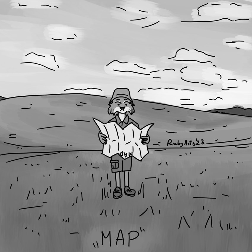 anthro bucket_hat clothed clothing cloud front_view fully_clothed grass holding_map holding_object male map outside plant shows solo standing text ricky_arts inktober microsoft microsoft_windows windows_xp felid feline lynx mammal 1:1 2023 english_text greyscale monochrome