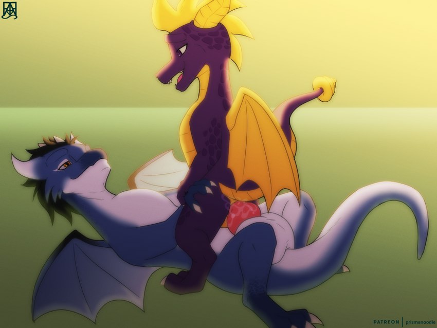 anal anal_penetration balls bodily_fluids claws duo feral genital_fluids genitals horn male male/male male_penetrated male_penetrating male_penetrating_male penetration penis sex simple_background tail wings prismanoodle_(artist) activision european_mythology mythology spyro_the_dragon rykin spyro dragon mythological_creature mythological_scalie scalie western_dragon 2022 4:3 digital_media_(artwork)