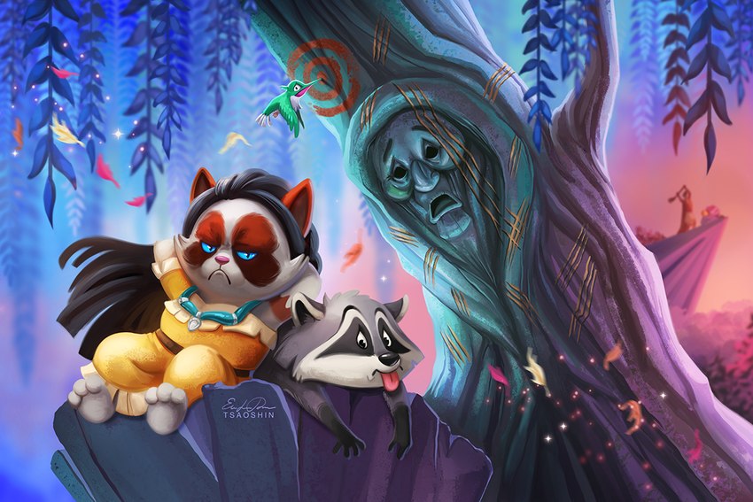 anthro female feral male plant tree tsaoshin disney pocahontas meeko_(disney) pocahontas_(character) tardar_sauce domestic_cat felid feline felis mammal procyonid raccoon 2016 3:2 digital_media_(artwork) digital_painting_(artwork) meme