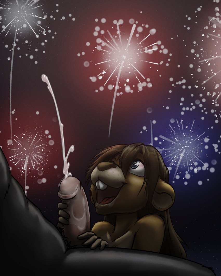 anthro black_body black_fur blue_eyes bodily_fluids brown_body brown_fur brown_hair brown_nose buckteeth cum cumshot duo ejaculation female fireworks fur genital_fluids genitals hair hand_on_penis humanoid_genitalia humanoid_penis long_hair looking_up male male/female night nude open_mouth outside penis shadow teeth tongue black-kitten maggie_lee beaver mammal rodent 2021 4:5 hi_res signature