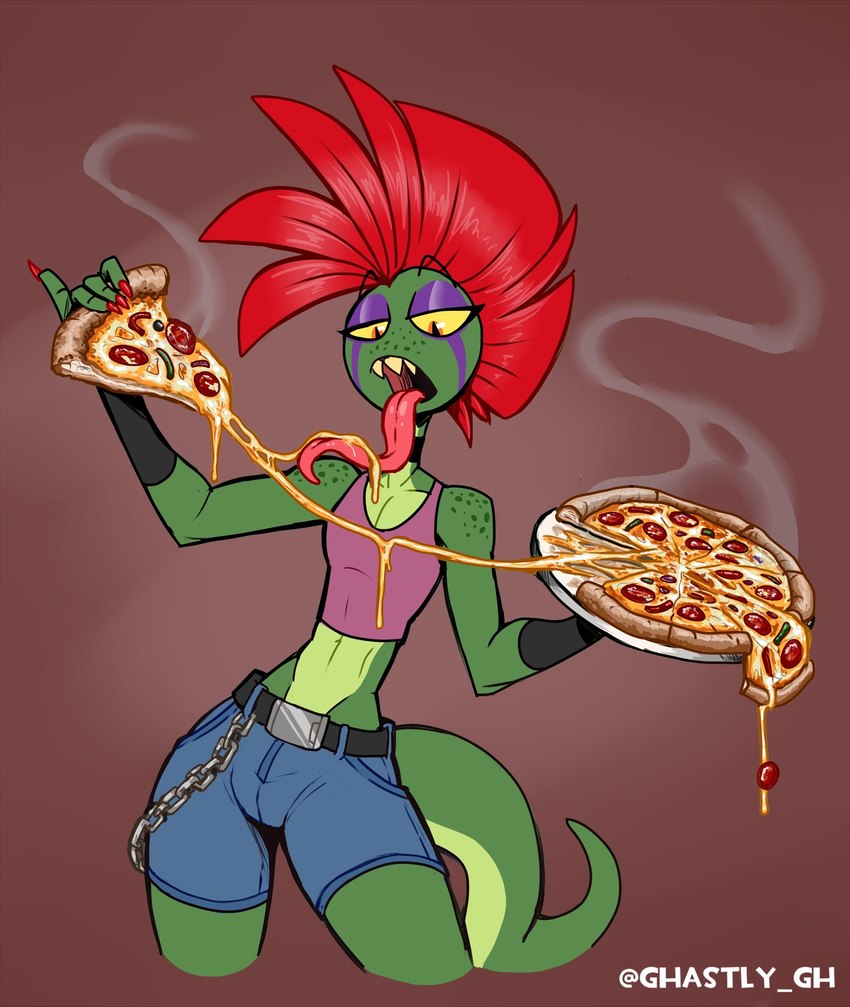 anthro bottomwear brown_background choker clothing crop_top detailed_food fingerless_gloves food freckles freckles_on_shoulders gloves green_body green_scales half-closed_eyes handwear jewelry long_tongue male mohawk narrowed_eyes necklace open_mouth pizza pizza_slice scales sharp_teeth shirt shorts simple_background solo teeth tongue topwear wallet_chain yellow_sclera ghastlygh ash_(g-h-) gecko lizard reptile scalie 2024 detailed hi_res nonbinary_(lore)