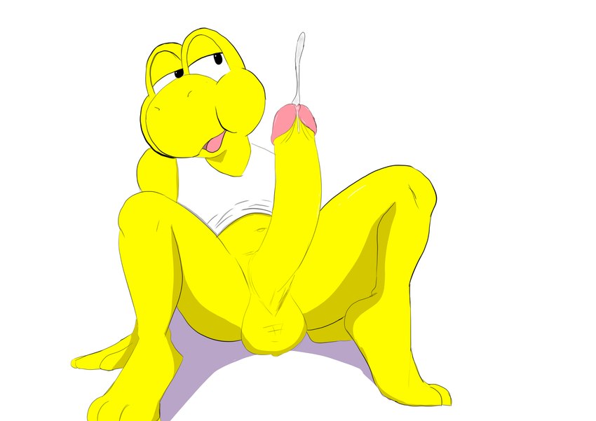 balls big_penis bodily_fluids clothed clothing foreskin genital_fluids genitals long_penis male open_mouth pantsless partially_clothed penis precum presenting presenting_penis retracted_foreskin solo spread_legs spreading twerpishimp mario_bros nintendo koopa koopa_troopa reptile scalie turtle hi_res