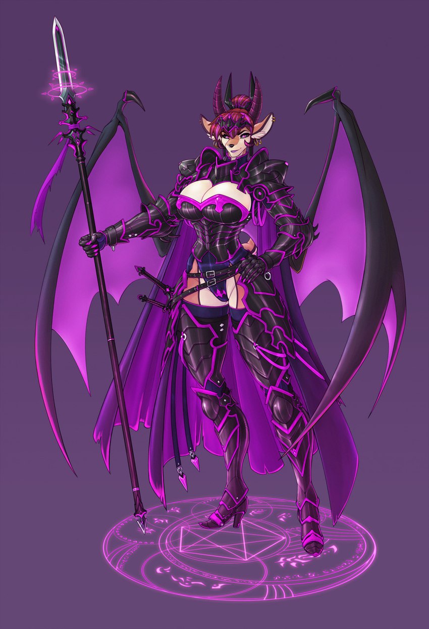 anthro armor bat_wings big_breasts big_wings black_armor black_clothing black_panties black_sclera black_underwear black_weapon black_wings boots breasts brown_hair cloak clothing ear_piercing ear_ring female footwear hair hand_on_leg hand_on_thigh high_heeled_boots high_heels highlights_(coloring) holding_melee_weapon holding_object holding_polearm holding_spear holding_weapon horn looking_at_viewer magic magic_weapon melee_weapon membrane_(anatomy) membranous_wings occult_symbol panties piercing pink_armor pink_cloak pink_clothing pink_eyes pink_hair pink_wings polearm purple_armor purple_cloak purple_clothing purple_eyes ring_piercing shoes sigil solo spear spiked_wings spikes spikes_(anatomy) symbol unconvincing_armor underwear weapon wing_spikes wings wmdiscovery93 geo_(pechallai) antelope bovid bovid_demon demon gazelle mammal succubus thomson's_gazelle true_antelope hi_res