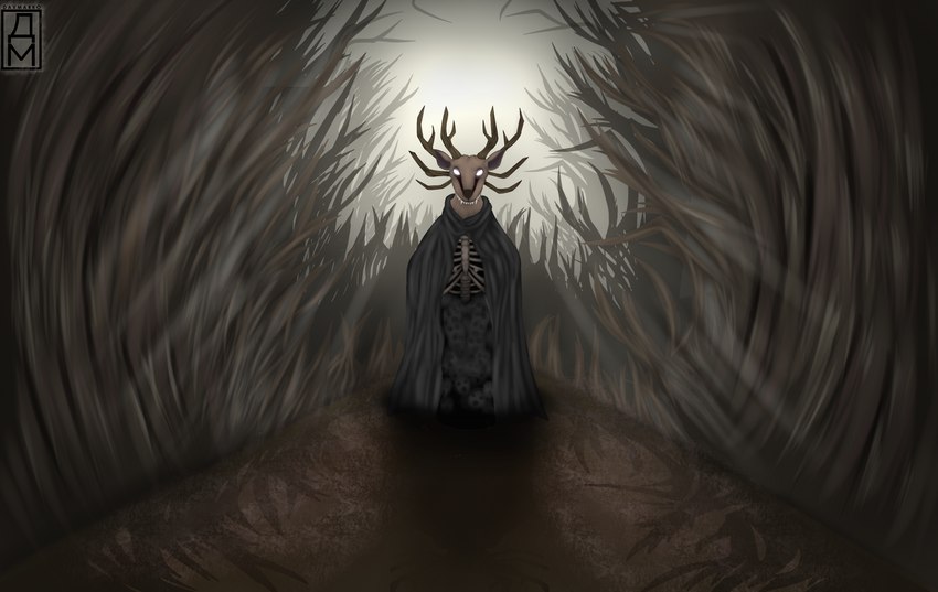 anthro antlers bone cloak clothed clothing horn male plant rib_cage solo teeth tree water daxm spooky's_jump_scare_mansion specimen_8 deer ghost mammal monster spirit absurd_res digital_media_(artwork) hi_res signature