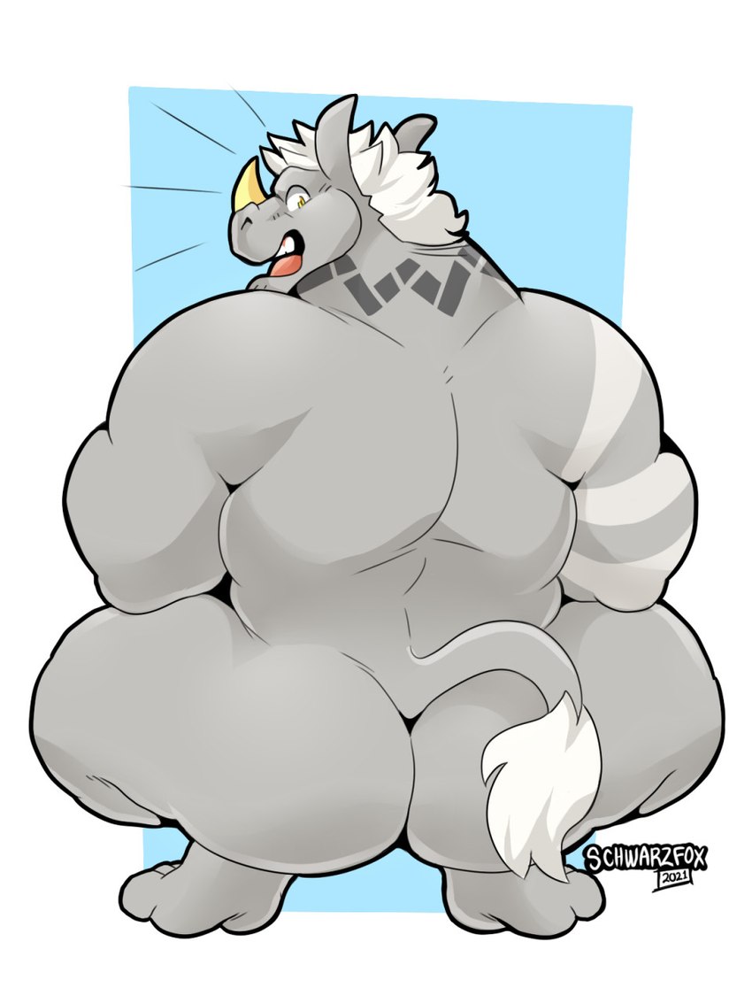 anthro butt crouching hair horn male muscular muscular_anthro muscular_male nude open_mouth rear_view solo white_hair schwarzfox mammal rhinoceros 2021 3:4 hi_res