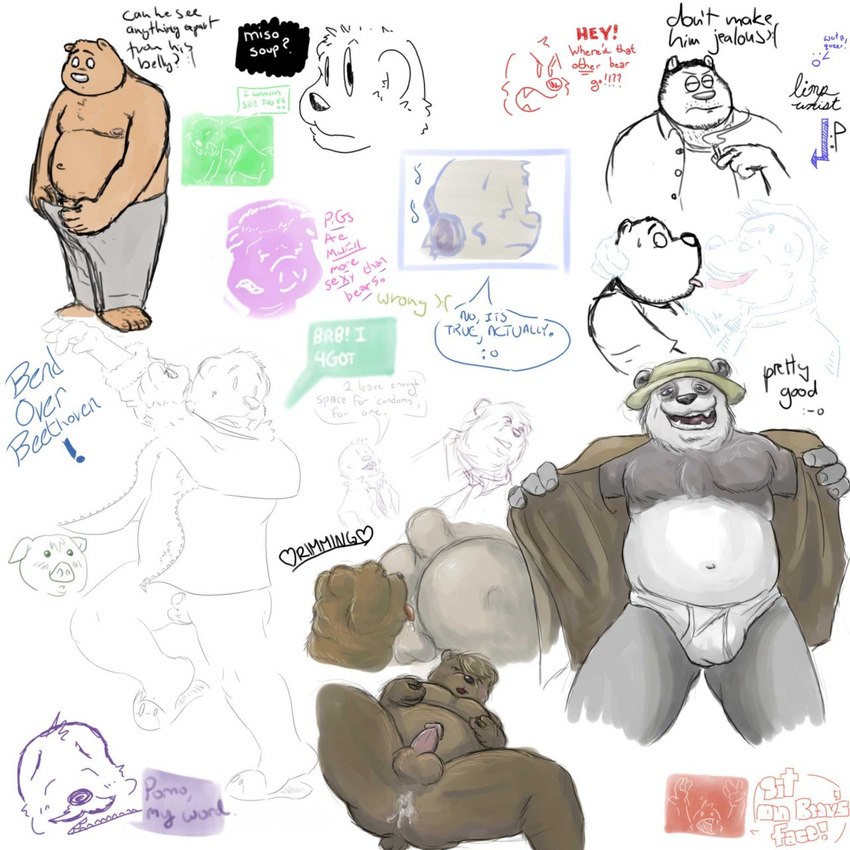 anal anthro anus balls black_body black_fur bottomwear brown_body brown_fur bulge butt clothing erection eyes_closed fur genitals group hat headgear headwear male oral overweight overweight_male pants penis rimming sex text underwear white_body white_fur blackburn flamingbeaver mustard_(artist) bear giant_panda mammal 1:1 2008 english_text hi_res