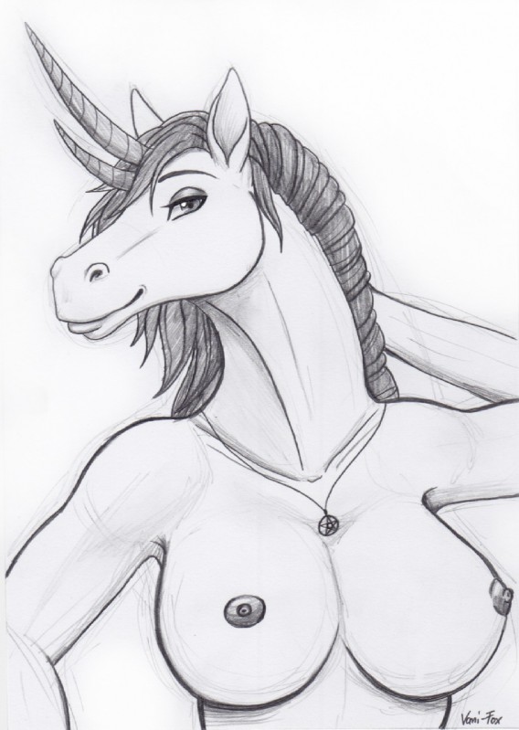 anthro areola breasts female hair horn looking_at_viewer nipples smile solo unicorn_horn vani-fox mythology equid equine mammal mythological_creature mythological_equine unicorn hi_res monochrome