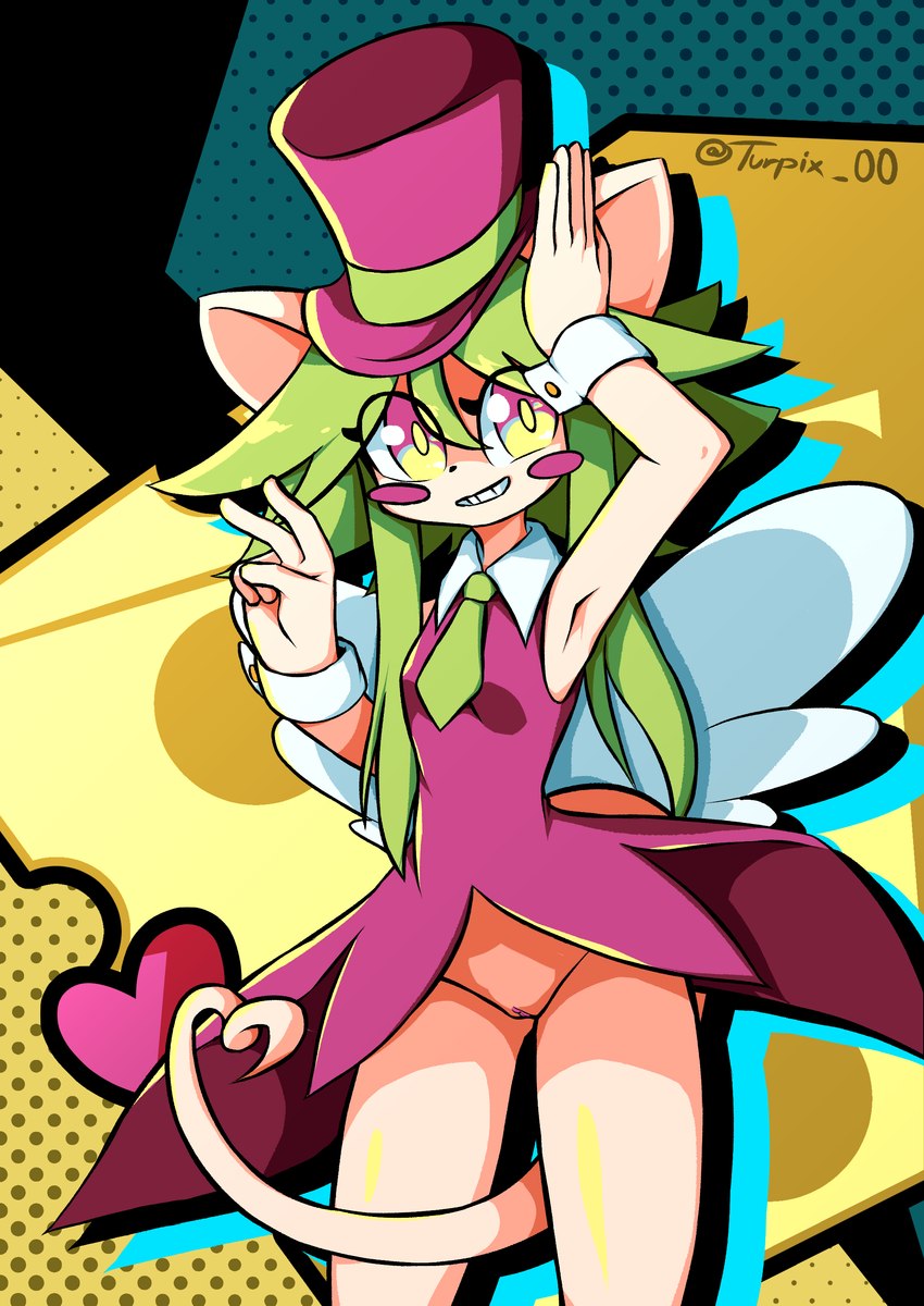 anthro blush blush_stickers breasts clothing cuff_links female genitals gesture green_hair hair hat headgear headwear heart_symbol long_hair necktie pussy rat_ears rat_tail smile solo tail tail_gesture tail_heart top_hat wings third-party_edit turpix mad_rat_dead nippon_ichi_software rat_god_(mad_rat_dead) mammal murid murine rat rodent absurd_res hi_res