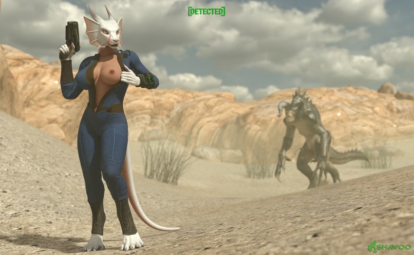 anthro breasts clothing desert digitigrade duo female fin genitals gun handgun jumpsuit male nipples penis pip-boy pistol ranged_weapon scales tail tongue tongue_out wasteland weapon white_body white_scales conditional_dnp shawoo fallout microsoft mythology dranelia deathclaw dragon mythological_creature mythological_scalie scalie wingless_dragon 3d_(artwork) digital_media_(artwork) hi_res