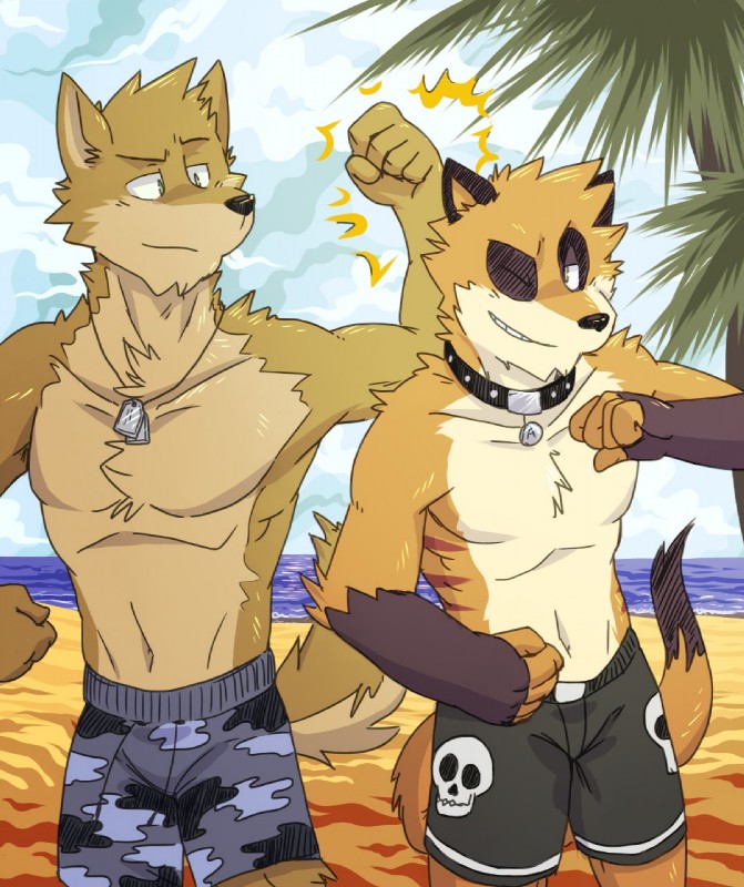 beach biceps black_nose blue_camo bone bottomwear brown_body brown_fur bump camo clothing cloud duo fist fur grin hair jewelry male muscular muscular_male neck_collar necklace orange_body orange_fur pecs sand seaside shorts skull sky smile smirk swimwear water gothwolf mysterymanbob arany atimos_(gothwolf) canid canine canis domestic_dog mammal wolf hi_res