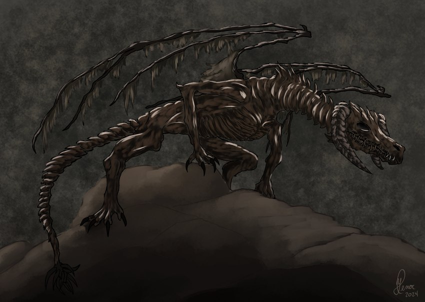 ambiguous_gender bony emaciated feral horn magic mummified quadruped rock sewn_mouth shredded_wings solo tail wings yenocwolf mythology secrets_of_uncrom uncrom ciriog dragon mythological_creature mythological_scalie scalie undead visha absurd_res concept_art hi_res