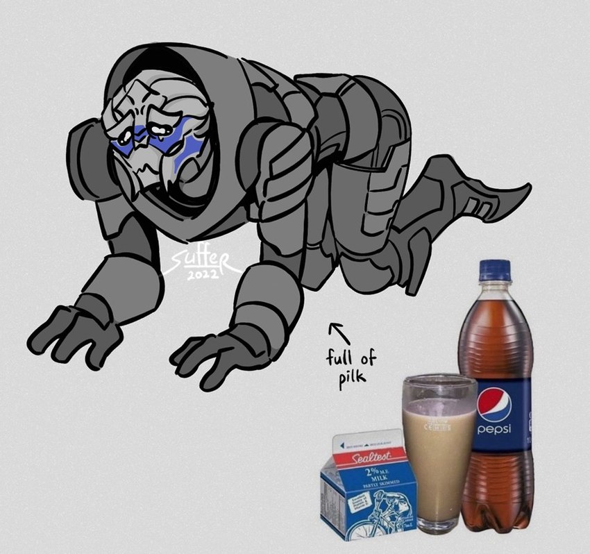 all_fours ambiguous_gender bent_arm bent_legs bodily_fluids clothed clothing container crying glass glass_container male milk sad solo tears varanidius bioware electronic_arts mass_effect pepsi pilk garrus_vakarian alien humanoid turian