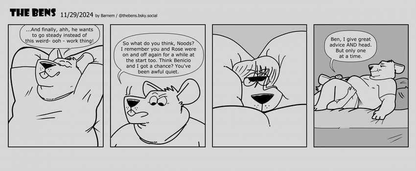 anthro bed belly big_belly dialogue duo eyes_closed furniture lying male overweight overweight_male pillow text barnem mammal murid murine rat rodent 2024 comic english_text hi_res monochrome