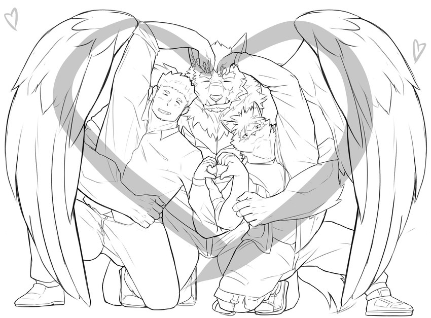 anthro blush gesture grin group heart_gesture kneeling male male/male muscular muscular_anthro muscular_male size_difference smile throuple trio wings vhb3art lifewonders tokyo_afterschool_summoners jock_protagonist_(tas) marchosias_(tas) protagonist_(tas) tadatomo_(tas) canid canine canis domestic_dog human mammal wolf hi_res line_art monochrome