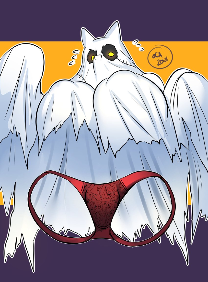 anthro bedsheet_ghost big_breasts bodily_fluids breasts clothing embarrassed female glowing glowing_eyes invisible inviting nervous_sweat not_furry orange_background panties red_clothing red_panties red_underwear simple_background solo sweat underwear white_sheets ocaritna ghost spirit 2021 hi_res