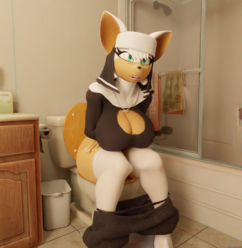 anthro bathroom big_breasts boots bottomwear bottomwear_down breasts clothed clothing feces female footwear fur furniture hair jewelry necklace nun nun_outfit plunger scatplay shoes shower skirt_down solo table toilet toilet_paper topwear towel trash_can bathroom-art_(artist) sega sonic_the_hedgehog_(series) warfare_machine rouge_the_bat rouge_the_nun warfare_rouge bat mammal 3d_(artwork) digital_media_(artwork)