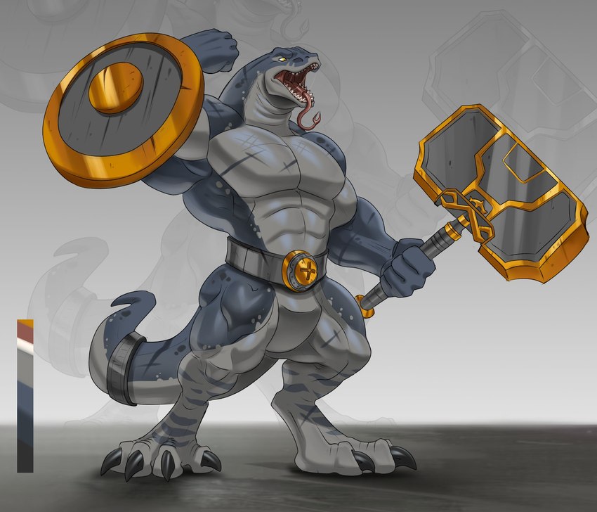 abs accessory anthro barbarian belt biceps biped bronze_(metal) claws featureless_crotch fist foreshadowing furgonomics gold_(metal) grey_body grey_skin hammer holding_object holding_weapon jewelry male muscular muscular_anthro muscular_male muscular_thighs open_mouth pallete pecs pupils raised_arm ring scar serratus sharp_teeth sharp_tongue shield slit_pupils solo standing stripes tail tail_accessory tail_jewelry tail_ring teeth tongue tongue_out tools weapon yellow_eyes valentinesartx komodo_dragon lizard monitor_lizard reptile scalie 2024 hi_res