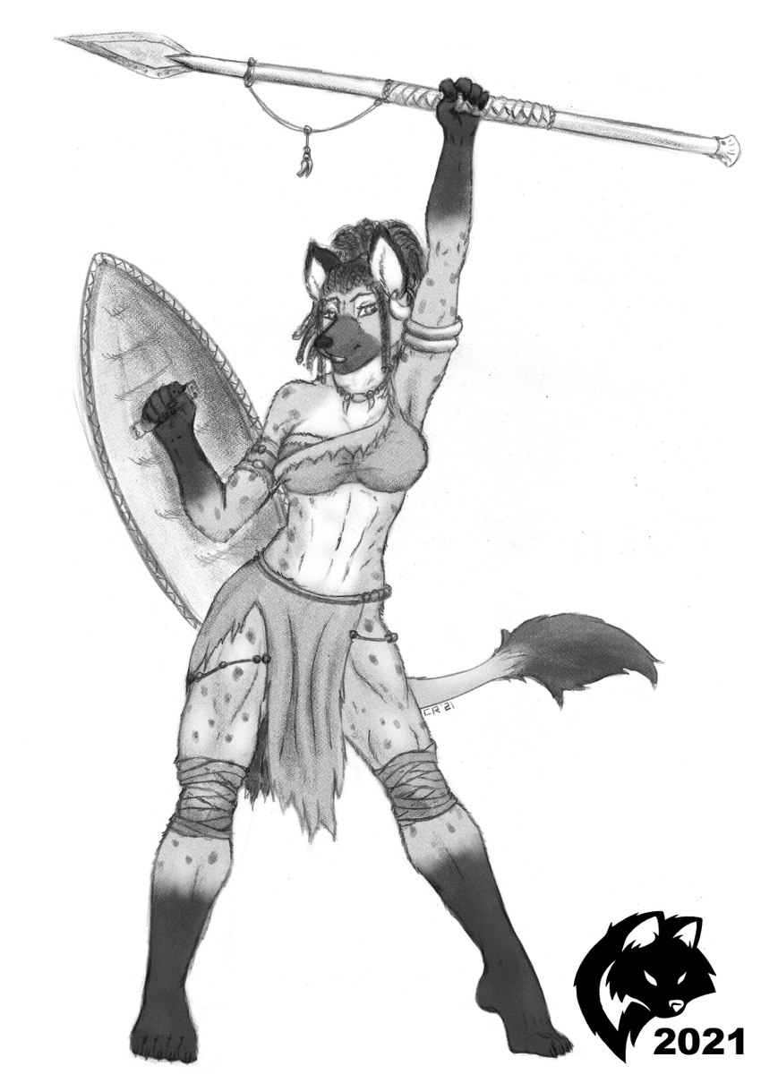 5_fingers 5_toes amazon anthro arm_above_head athletic athletic_anthro athletic_female barefoot big_breasts bottomwear breasts claws cleavage clothed clothing ear_piercing ear_ring feet female fingers fur gloves_(marking) hair holding_melee_weapon holding_object holding_polearm holding_shield holding_spear holding_weapon humanoid_feet humanoid_hands jewelry knee_wraps leg_markings leg_wraps loincloth long_hair looking_at_viewer markings melee_weapon navel necklace piercing plantigrade polearm ring_piercing shield smile socks_(marking) solo spear spots spotted_body spotted_fur standing toe_claws toes tribal tribal_clothing warrior weapon wraps ghostwolf adeola_oshodi hyena mammal spotted_hyena 2021 digital_media_(artwork) full-length_portrait greyscale hi_res monochrome portrait shaded signature sketch story story_in_description