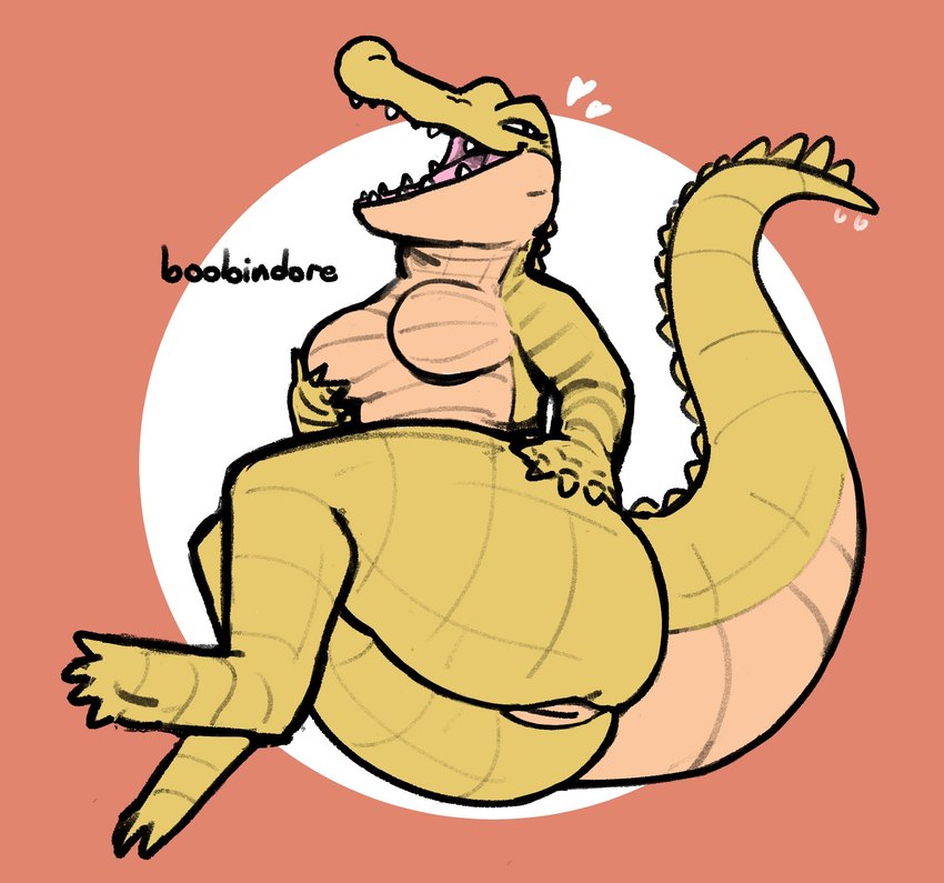 anthro big_butt breasts butt featureless_breasts female genitals green_body green_scales heart_symbol non-mammal_breasts nude open_mouth presenting presenting_hindquarters pussy scales sharp_teeth smile solo tail teeth thick_tail thick_thighs dubindore boobindore_(dubindore) alligator alligatorid crocodilian reptile scalie hi_res