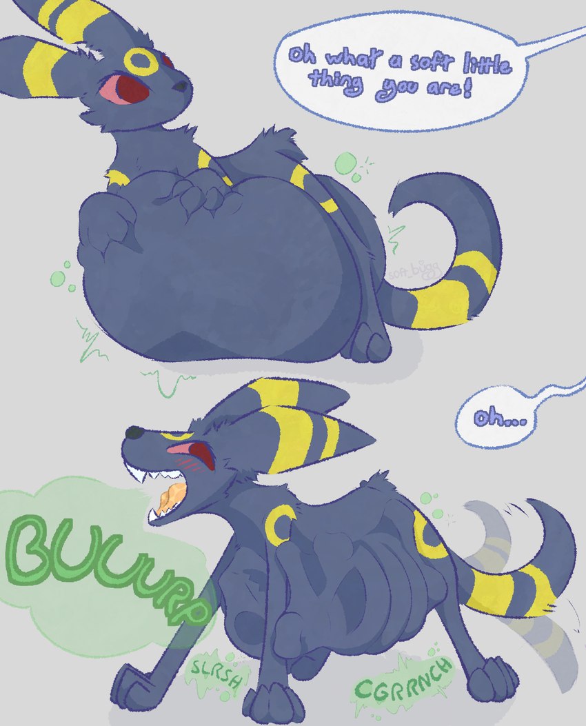 abdominal_bulge ambiguous_gender blush bone bone_imprints bones_in_stomach burping digestion digestion_noises feral feral_pred oral_vore same_size_vore tail tail_motion tailwag text vore soft_bugg nintendo pokemon eeveelution generation_2_pokemon pokemon_(species) umbreon hi_res sequence