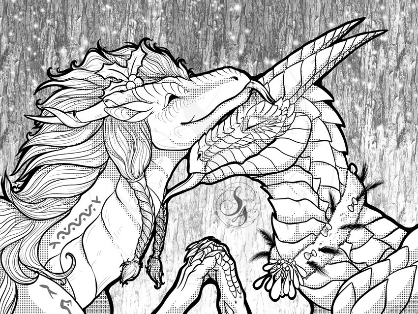 braided_hair claws duo hair horn scales smile tongue natoli mythology dragon mythological_creature mythological_scalie scalie 2022 4:3 digital_media_(artwork) monochrome