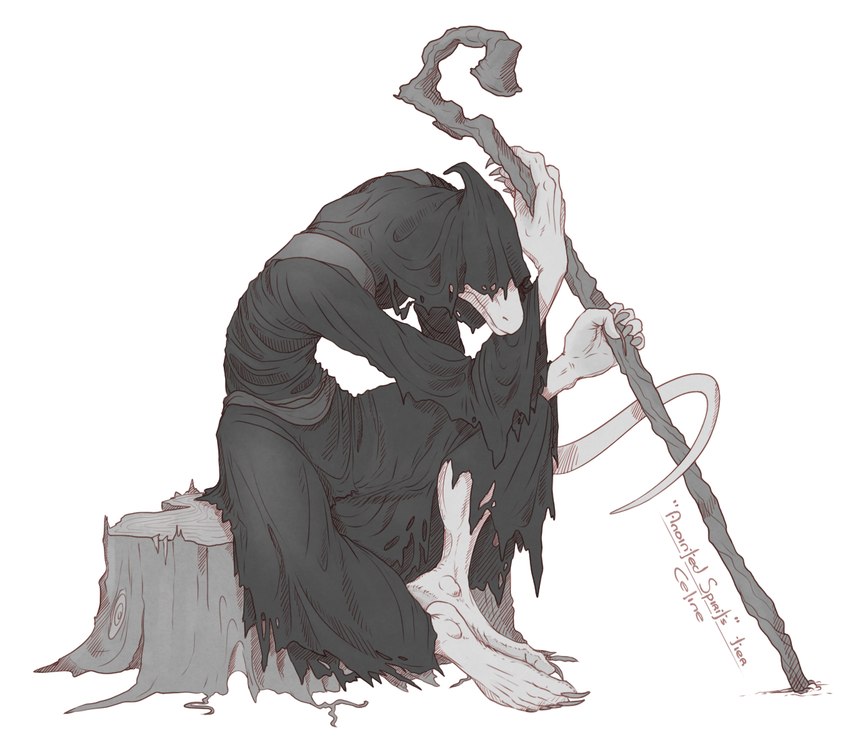 ambiguous_gender anthro big_feet black_clothing black_robe clothing crook feet hunched_over robe sitting solo staff tree_stump kredri lizard reptile scalie