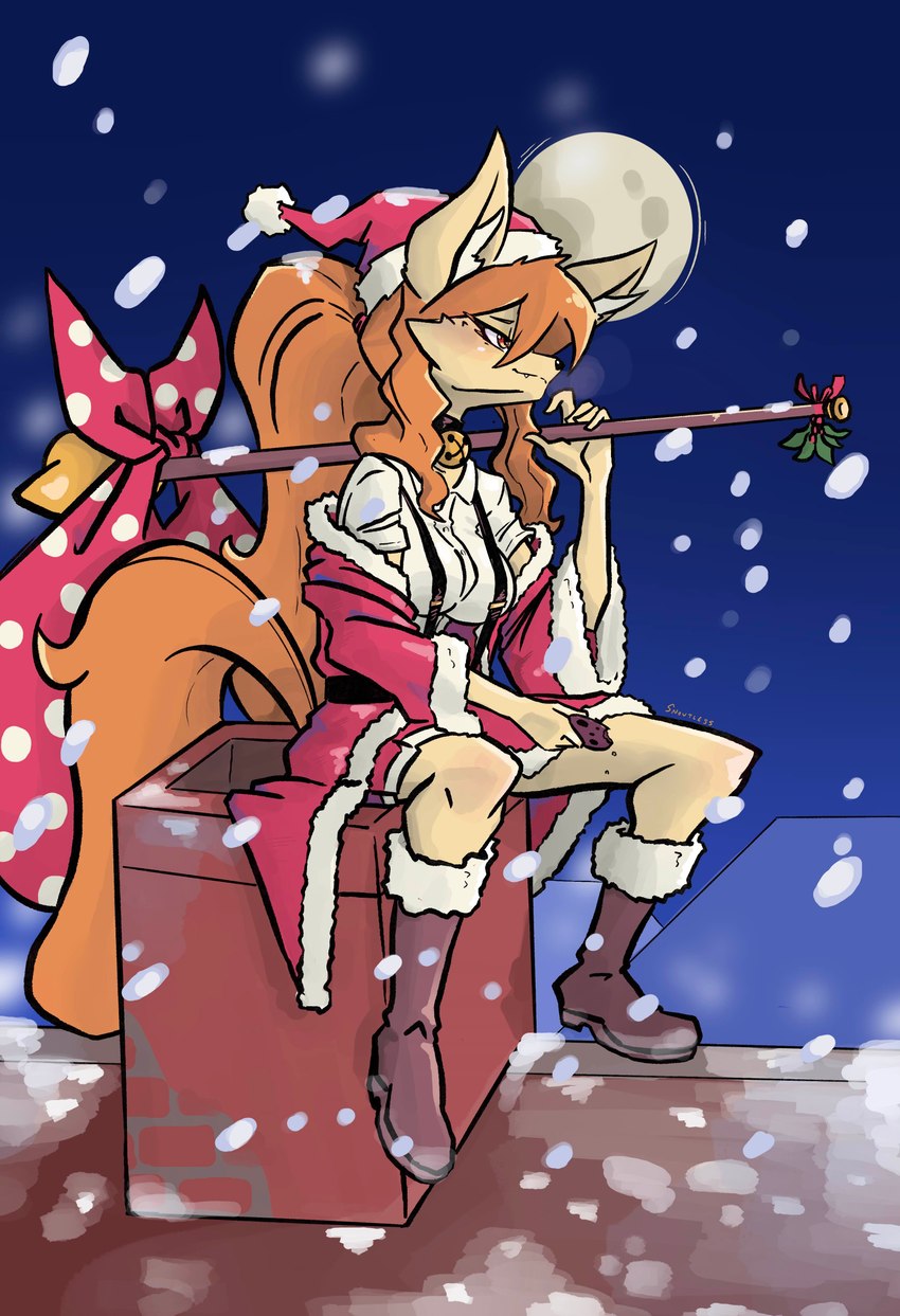 anthro bell bell_collar boots bottomwear breasts chimney christmas_clothing christmas_headwear clothed clothing collar collared_shirt cookie costume ear_tuft facial_tuft female food footwear fur hair hat headgear headwear holidays knees_bent long_tail mistletoe moon night off_shoulder orange_body orange_fur orange_hair orange_tail outside plant ponytail red_eyes rooftop sack santa_costume santa_hat shirt shoes side_view sitting smile snout snow snowing solo staff straps tail topwear tuft white_clothing white_shirt white_topwear snoutless christmas undertale undertale_(series) undertale_yellow ceroba_ketsukane canid canine fox mammal 2024 absurd_res artist_name digital_drawing_(artwork) digital_media_(artwork) hi_res