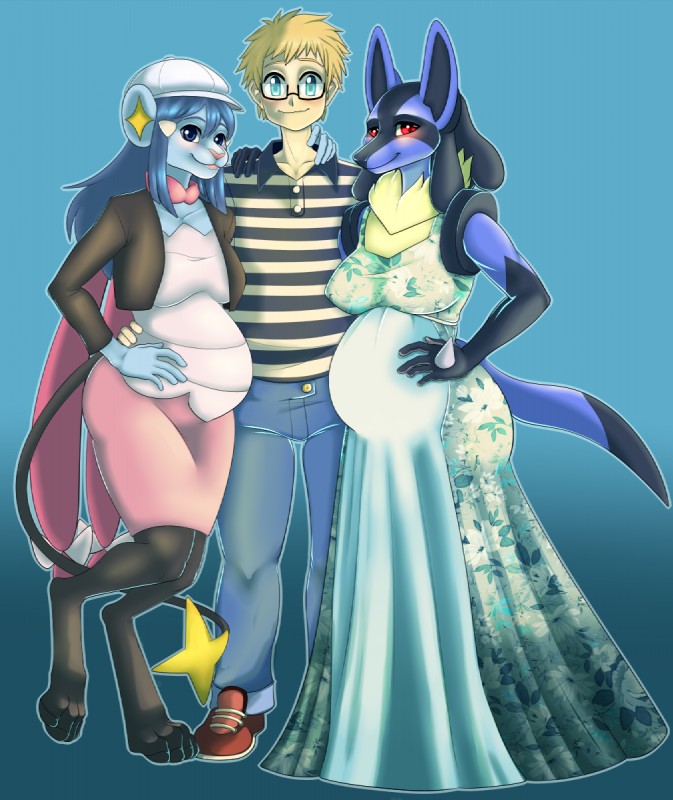 anthro black_body black_fur blue_body blue_fur blush both_pregnant breasts clothed clothing dress eyewear female fur glasses group hair hat headgear headwear male multiple_pregnancies pregnant pregnant_anthro pregnant_female red_eyes simple_background smile tail yellow_body yellow_fur pregoo nintendo pokemon dawn_(pokemon) luca-chan pokemon_trainer canid canine generation_4_pokemon human lucario mammal pokemon_(species) shinx hi_res