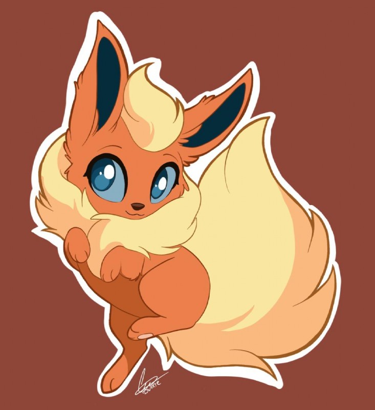 ambiguous_gender blue_eyes feral fur orange_body orange_fur paws smile solo dvixie nintendo pokemon eeveelution flareon generation_1_pokemon pokemon_(species) 2019 digital_media_(artwork)