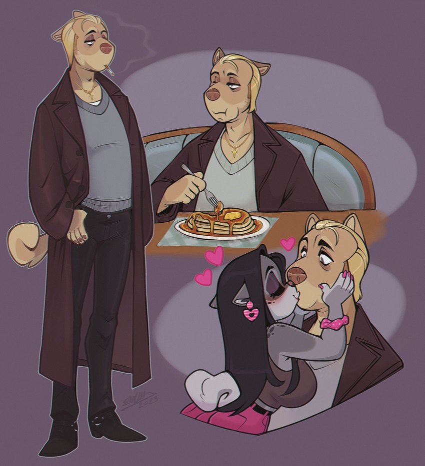 anthro black_hair blonde_hair cigarette clothing coat curled_tail duo eyes_closed female food grey_background hair half-closed_eyes heart_symbol kissing long_hair male narrowed_eyes pancake shirt simple_background smile smoking smoking_tobacco tail tank_top topwear trenchcoat cadaverrdog fargo domino_(cadaverrdog) canid canine canis domestic_dog mammal mixed_breed pomsky 2023 hi_res nonbinary_(lore)