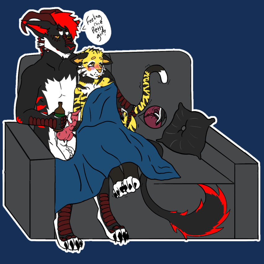 alcohol anal anal_fingering animal_genitalia beverage dirty_talk duo fingering genitals internal knot knotted_penis male male/male penis sheath teasing spencerthetiger hakanthevernid felid mammal pantherine royal_vernid tiger vernid alpha_channel hi_res