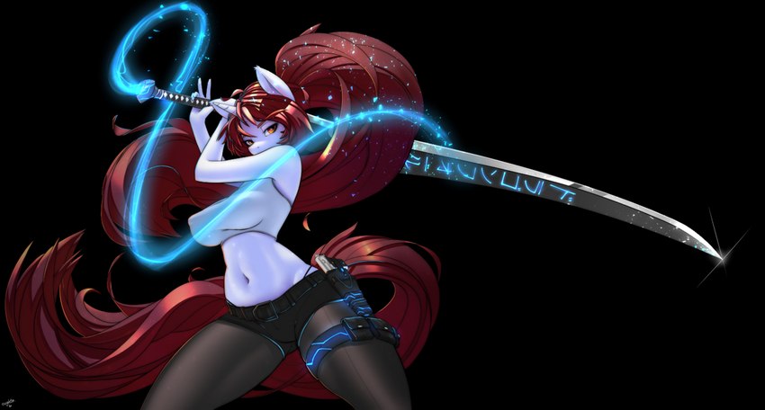 amber_eyes anthro black_background bottomwear breasts clothed clothing female gun hair handgun holster horn leggings legwear melee_weapon ponytail pose ranged_weapon red_hair shirt shorts simple_background solo sword tank_top thong topwear underwear weapon oughta hasbro my_little_pony mythology fan_character kai_(oc) equid equine mammal mythological_creature mythological_equine unicorn digital_media_(artwork) shaded