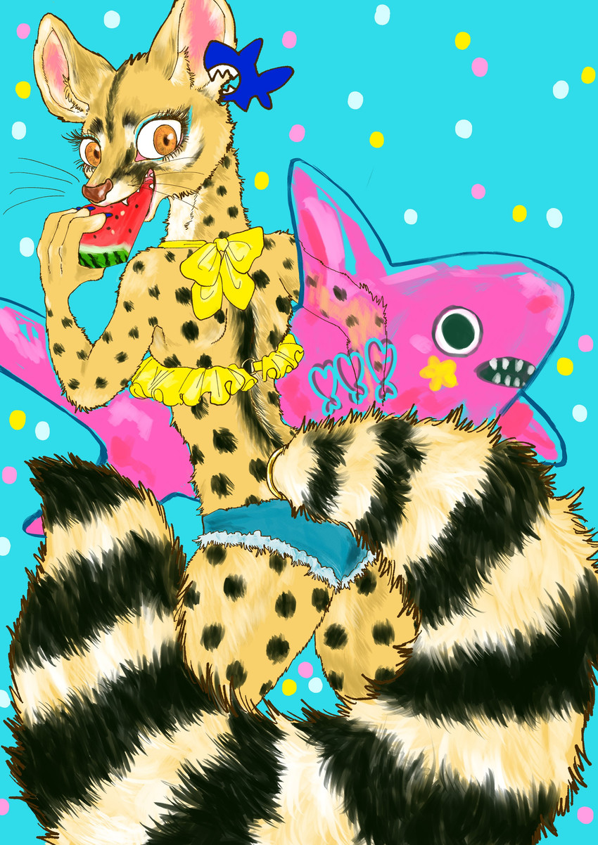 anthro bikini bottomwear butt clothed clothing ear_piercing eating female fluffy food fruit fur heart_symbol looking_at_viewer looking_back melon piercing plant shorts simple_background solo spots swimwear tail two-piece_swimsuit watermelon kyokyota felid feline mammal serval 2020 absurd_res hi_res