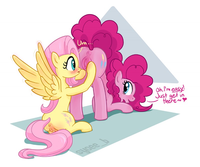 anus blue_eyes cutie_mark duo feathered_wings feathers female female/female feral fur genitals green_eyes hair male pink_body pink_fur pink_hair presenting pussy simple_background stare text wings yellow_body yellow_feathers yellow_fur syoee_b friendship_is_magic hasbro my_little_pony mythology fluttershy_(mlp) pinkie_pie_(mlp) earth_pony equid equine horse mammal mythological_creature mythological_equine pegasus pony 6:5 english_text