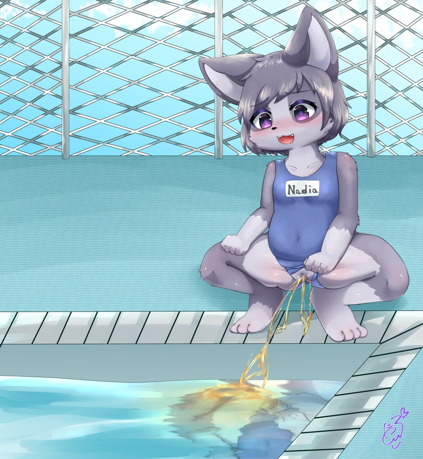 4_toes anthro barefoot blush bodily_fluids butt clothed clothing clothing_aside crouching feet female fence flat_chested fur genital_fluids genitals grey_body grey_fur grey_hair hair hindpaw open_mouth paws peeing peeing_into_pool peeing_into_water purple_eyes pussy school_swimsuit solo spread_legs spreading swimming_pool swimwear swimwear_aside toes urine urine_stream water young young_anthro young_female puniwanko nadia_(littlebranch) canid canine canis mammal wolf absurd_res hi_res