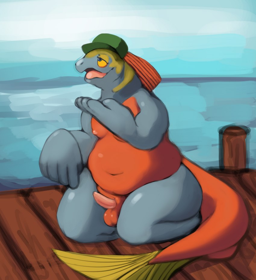 anthro balls clothing erection genitals hat headgear headwear kneeling male overweight overweight_anthro overweight_male penis solo thick_thighs water nova_nsfw fish marine salmon salmonid_(fish) absurd_res hi_res