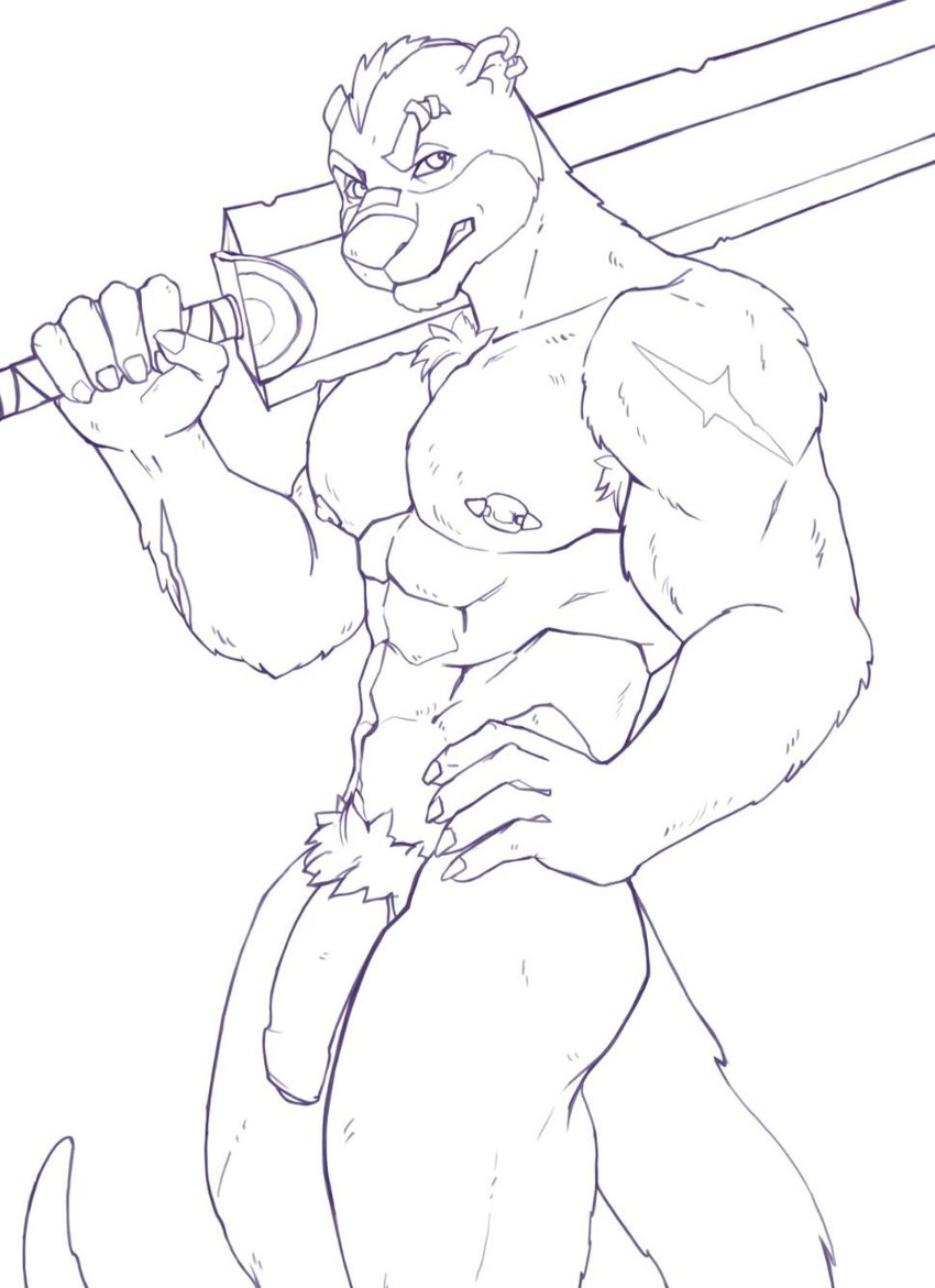 abs anthro armpit_hair band-aid bandage barbell_piercing bared_teeth biceps big_sword big_weapon biped body_hair claws ear_piercing eyebrow_piercing facial_piercing flaccid foreskin genitals glans grin hand_on_hip holding_melee_weapon holding_object holding_sword holding_weapon humanoid_genitalia humanoid_penis looking_at_viewer male melee_weapon muscular muscular_anthro muscular_male nipple_barbell nipple_piercing nipples nude partially_retracted_foreskin pecs penis piercing pose pubes scar simple_background smile solo standing sword weapon weapon_on_shoulder white_background dimtarius mammal mustelid otter digital_drawing_(artwork) digital_media_(artwork) hi_res line_art monochrome portrait sketch three-quarter_portrait