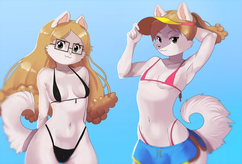 anthro bikini bra clothing crossgender duo eyewear female glasses hair hat headgear headwear long_hair looking_at_viewer male male/female pose sun_hat swimwear thong two-piece_swimsuit underwear nendoggo mem nen canid canine canis domestic_dog mammal pomeranian spitz hi_res