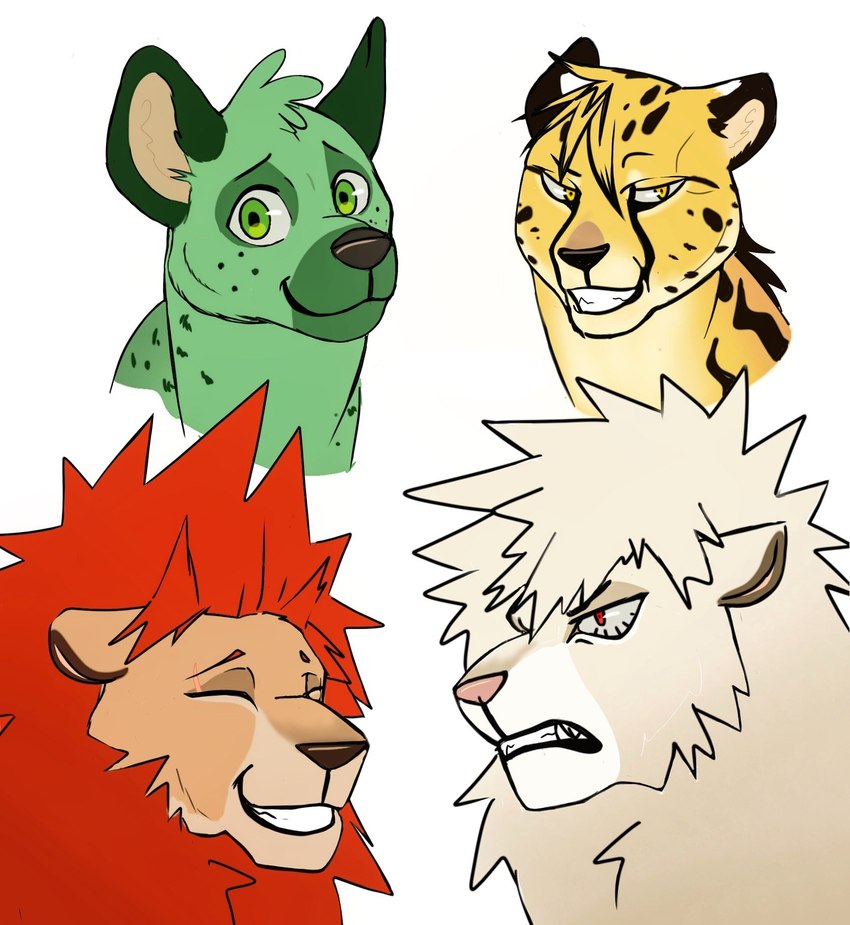 albino feral fur green_body green_eyes green_fur male red_eyes fernypaw my_hero_academia denki_kaminari eijiro_kirishima izuku_midoriya katsuki_bakugou cheetah felid feline hyena king_cheetah lion mammal pantherine headshot_portrait hi_res portrait