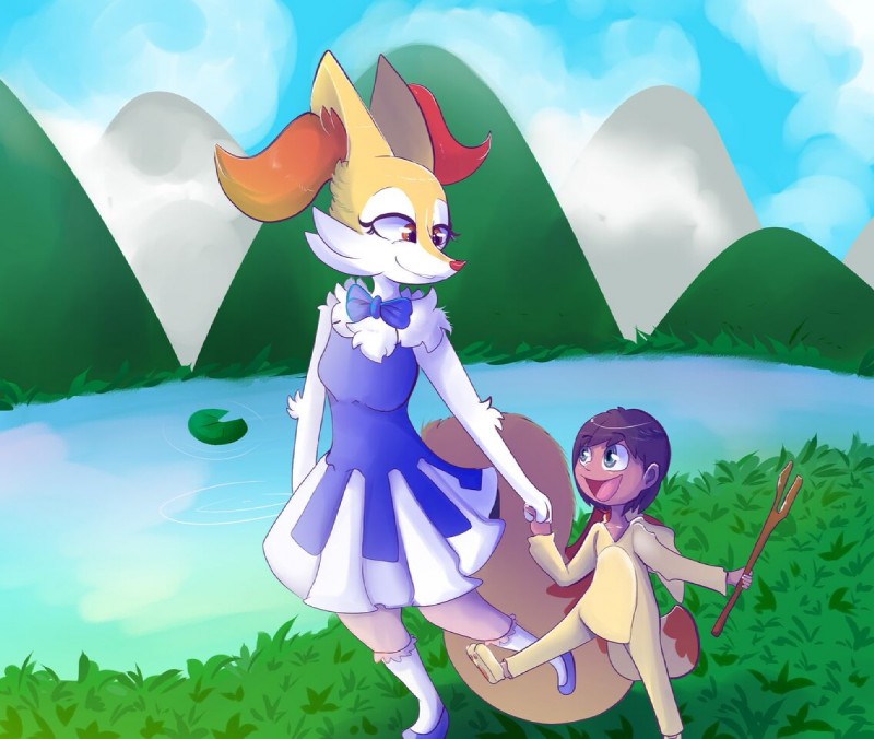 ambiguous_gender anthro clothed clothing duo female simple_background smile kitsunekotaro nintendo pokemon drake_lyra fan_character minx_lyra braixen canid canine generation_6_pokemon human mammal pokemon_(species) 2017 digital_media_(artwork)