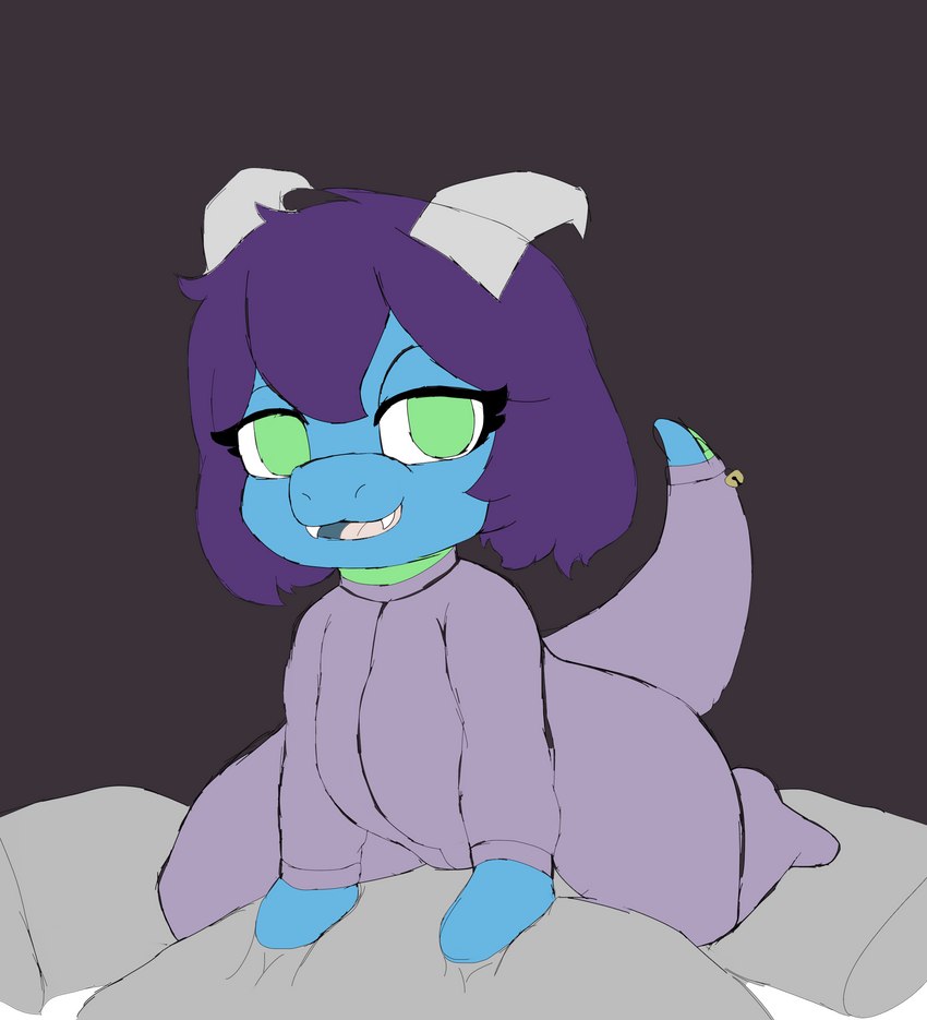 anthro bedroom blue_body clothed clothing cute_fangs fangs female green_eyes hair horn looking_at_viewer open_mouth pajamas pillow purple_hair simple_background solo tail teeth thick_thighs tongue young young_anthro young_female zhephyreart mythology zhephyre_(zhephyreart) dragon mythological_creature mythological_scalie scalie digital_media_(artwork) hi_res