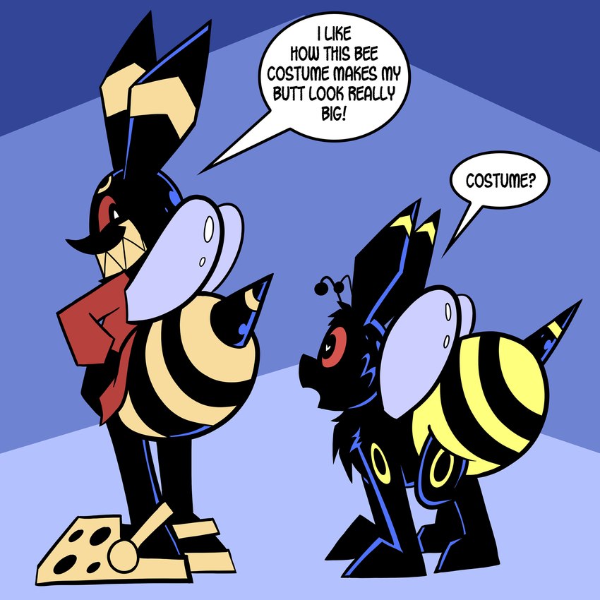 anthro clothing duo feral footwear male simple_background text pembrokewkorgi crocs nintendo pokemon juno_(pembrokewkorgi) arthropod bee canid eeveelution generation_2_pokemon hymenopteran insect mammal pokemon_(species) umbreon 1:1 english_text hi_res