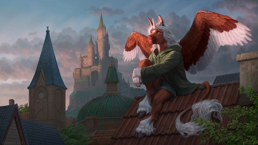 5_fingers ambiguous_gender anthro bottomwear brown_body brown_feathers brown_fur castle clothing cloud day detailed_background feathered_wings feathers fetlocks fingers fur gothic_architecture hair hoodie hooves horn looking_up outside red_eyes renaissance_architecture shorts sitting sky smile solo spread_wings topwear white_hair wings caraid mythology equid equine mammal mythological_creature mythological_equine winged_unicorn 2021 digital_media_(artwork) hi_res